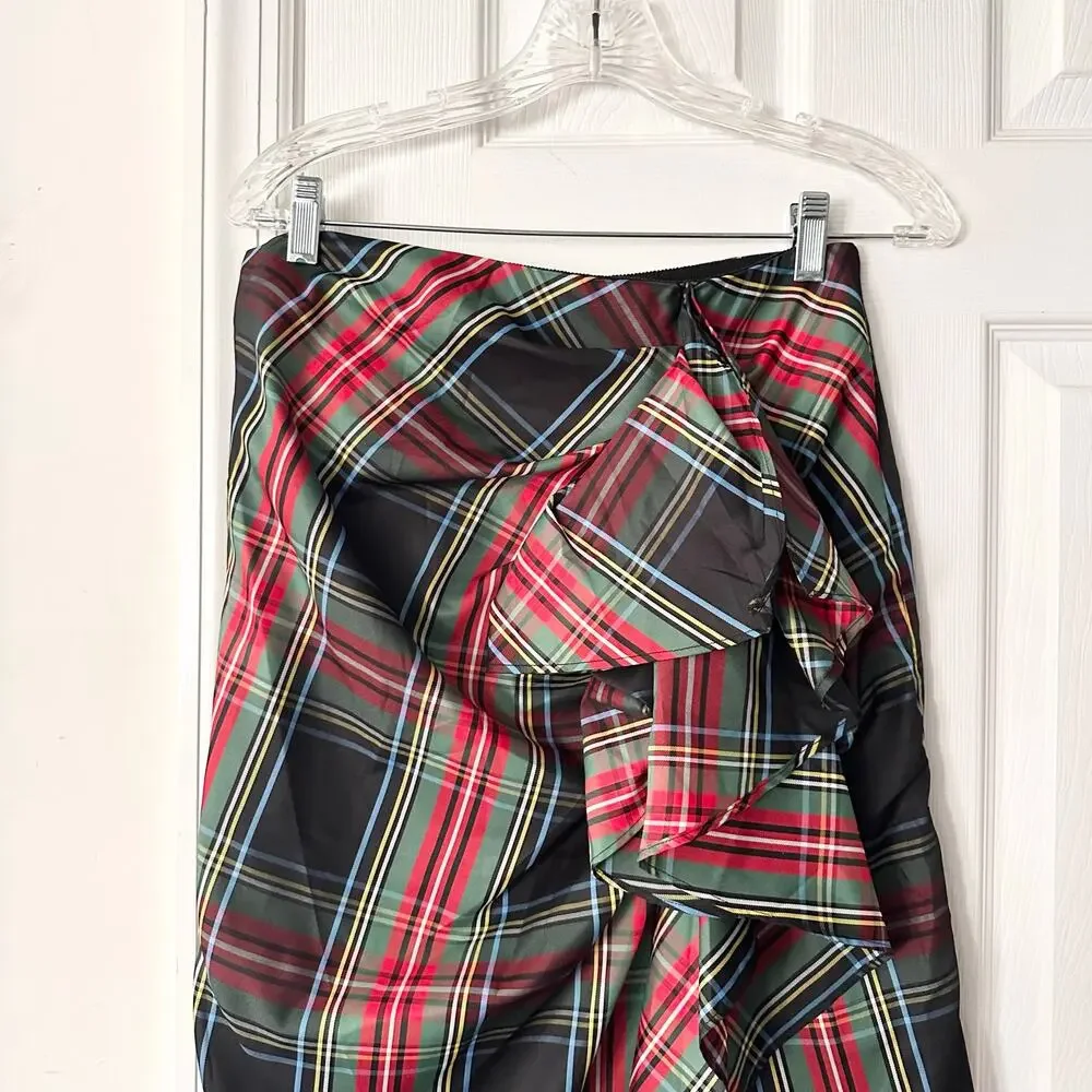 J. Crew Collection NWOT Stewart Black Red Green Tartan Long Ruffle Skirt 6 BD527